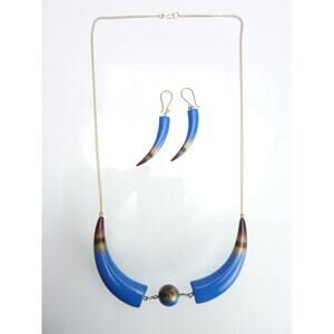 Vintage Blue Resin Horn Necklace and Matching Earrings Set Hippie Tribal 70s